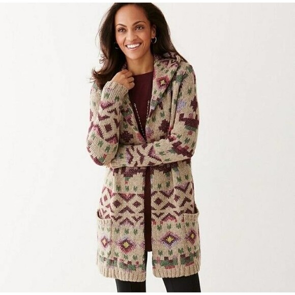 J. Jill Sweaters - J. Jill Womens Lenox Southwestern Tribal Open Front Hooded Cardigan Sweater L